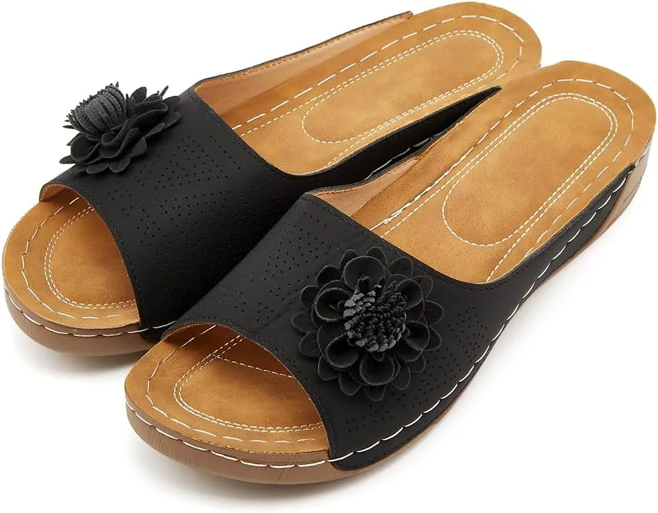 Rungion Womens Summer Beach Sandals Wedge Low Open Toe Slides Ladies Dressy Sandals Slipper Platform Comfortable Flower Sandals