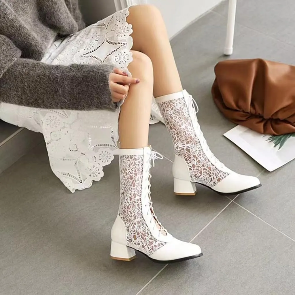 SACFOF Women Vintage Victorian Boots Lace Goth Lace Up Wedding Boots Mid Calf Costume Renaissance Mid Heel Dress Boots