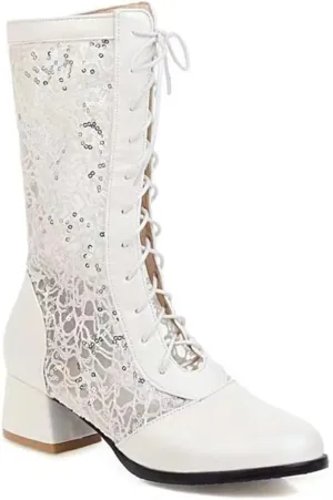 SACFOF Women Vintage Victorian Boots Lace Goth Lace Up Wedding Boots Mid Calf Costume Renaissance Mid Heel Dress Boots
