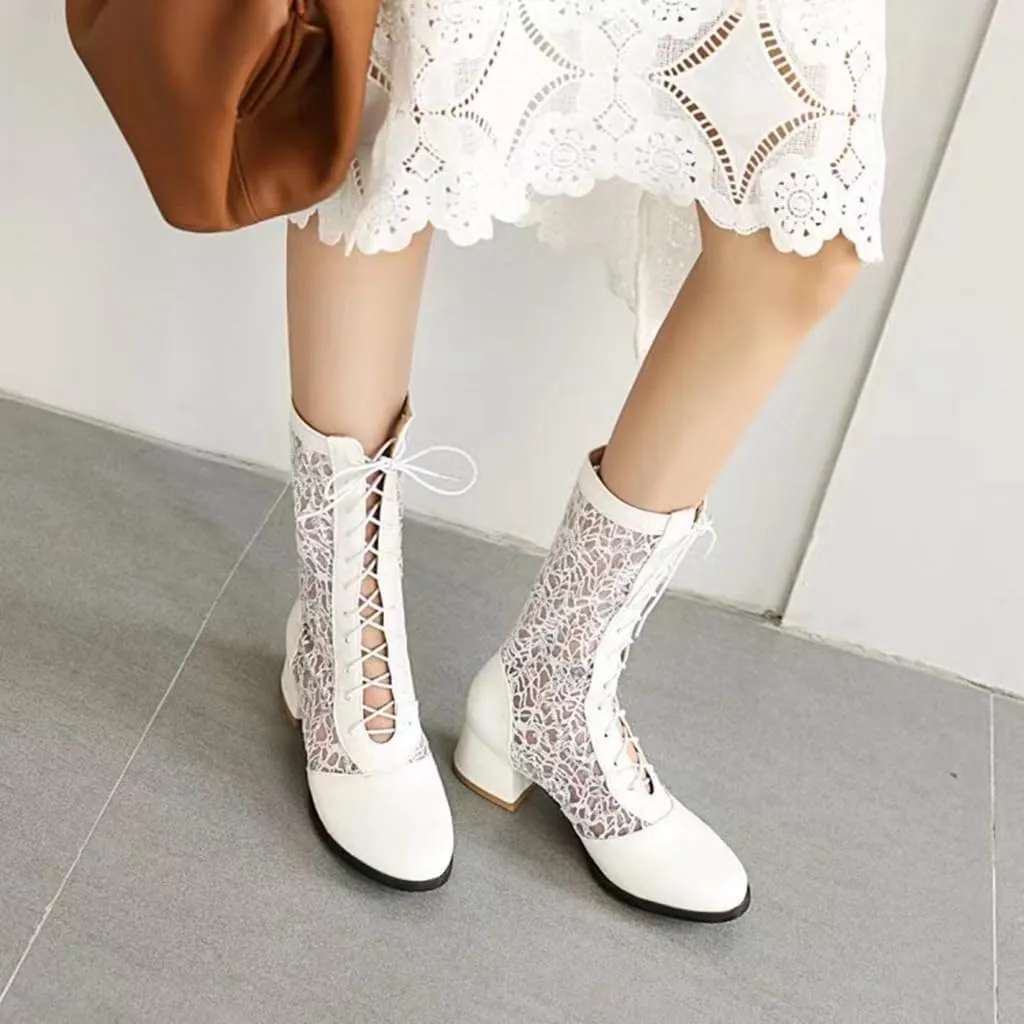 SACFOF Women Vintage Victorian Boots Lace Goth Lace Up Wedding Boots Mid Calf Costume Renaissance Mid Heel Dress Boots