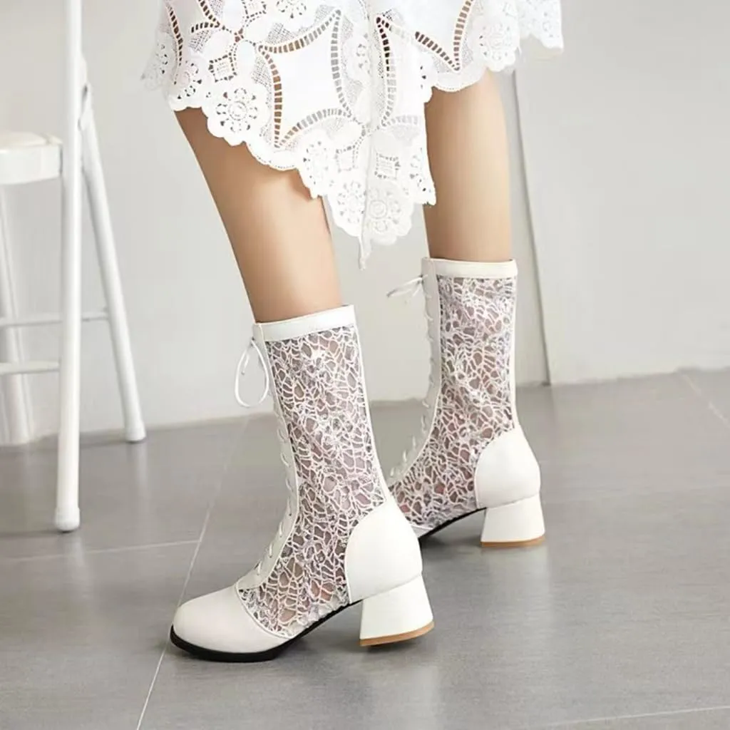 SACFOF Women Vintage Victorian Boots Lace Goth Lace Up Wedding Boots Mid Calf Costume Renaissance Mid Heel Dress Boots