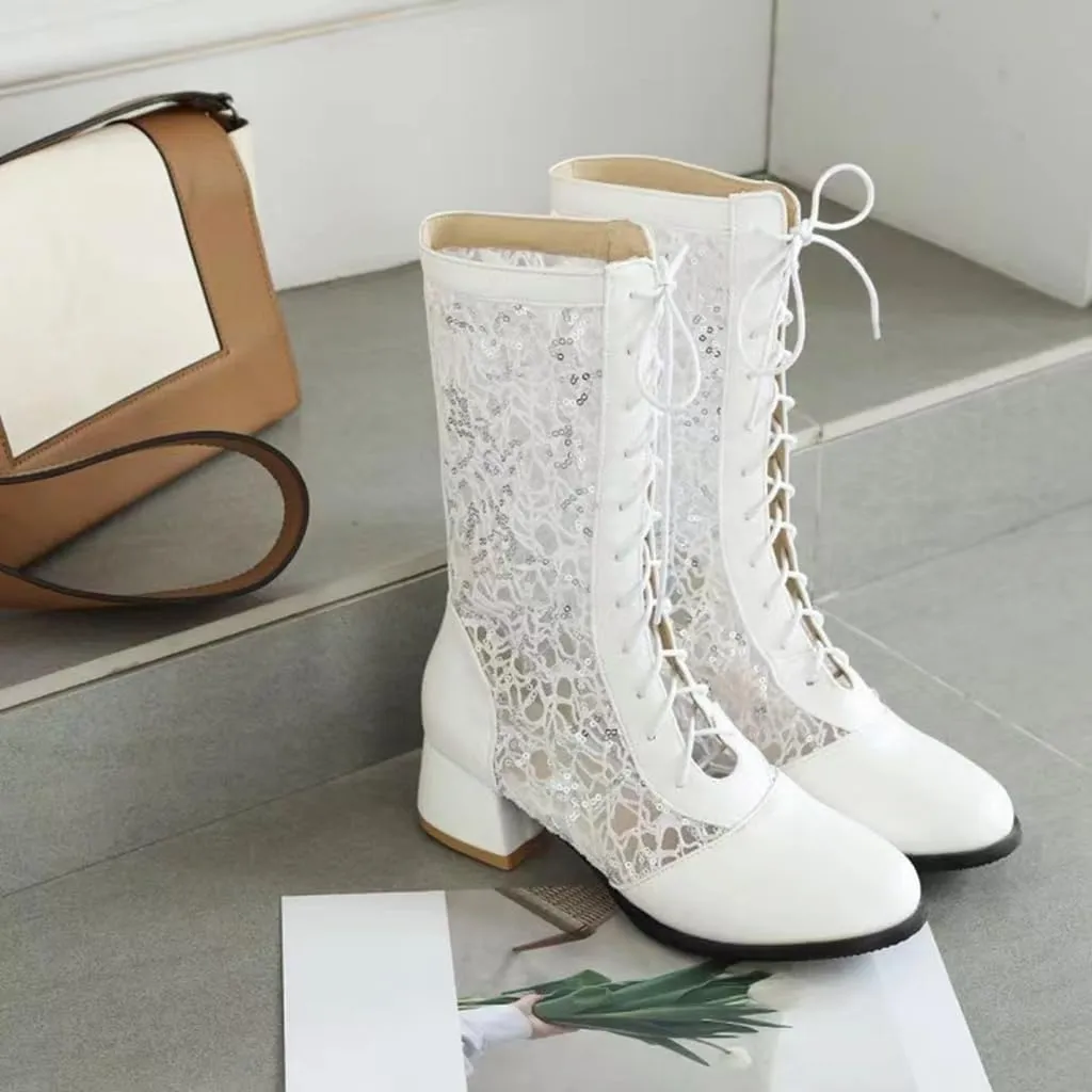 SACFOF Women Vintage Victorian Boots Lace Goth Lace Up Wedding Boots Mid Calf Costume Renaissance Mid Heel Dress Boots