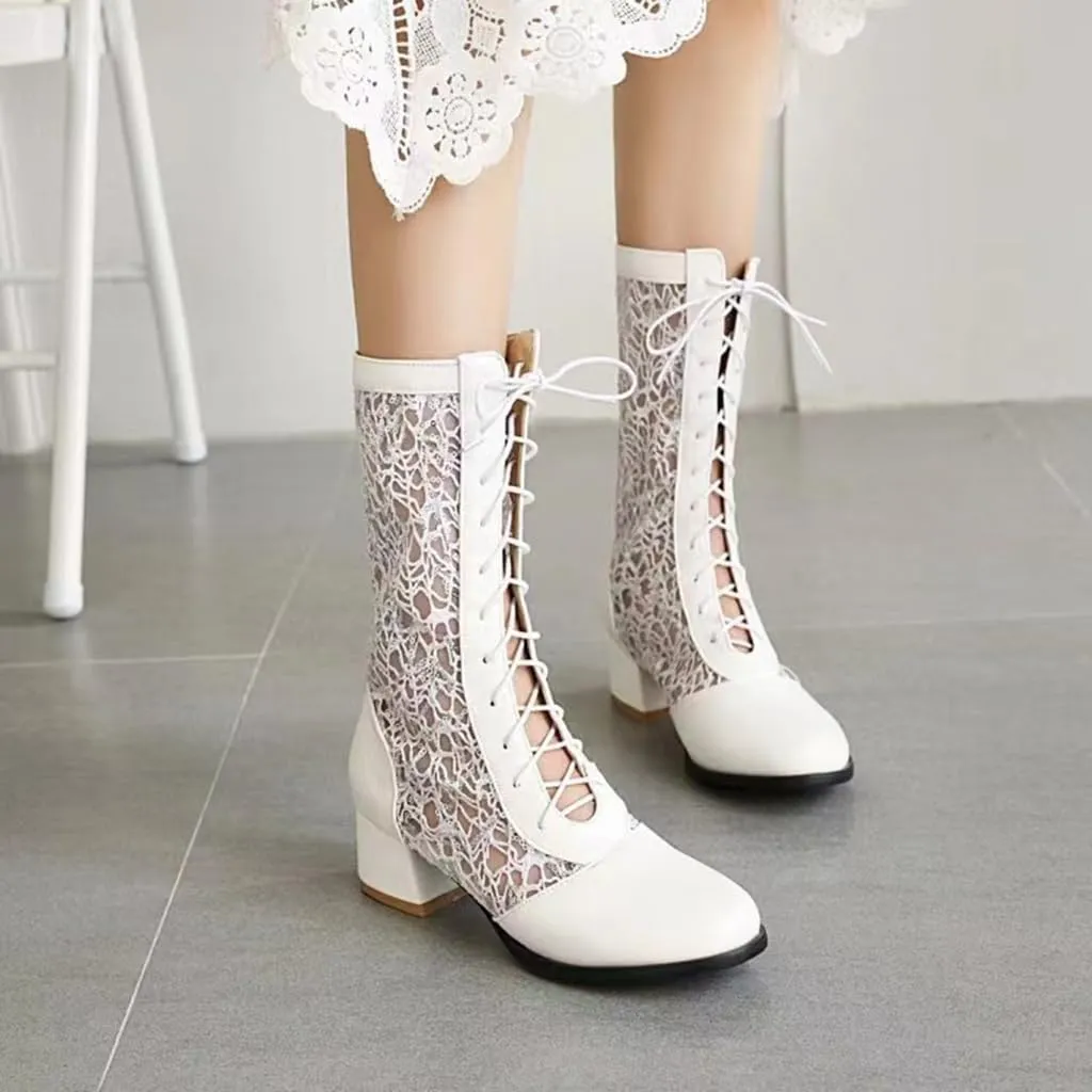 SACFOF Women Vintage Victorian Boots Lace Goth Lace Up Wedding Boots Mid Calf Costume Renaissance Mid Heel Dress Boots