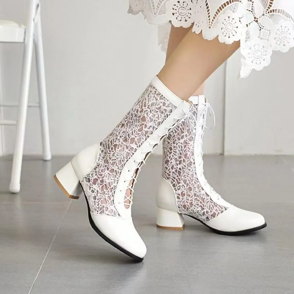 SACFOF Women Vintage Victorian Boots Lace Goth Lace Up Wedding Boots Mid Calf Costume Renaissance Mid Heel Dress Boots