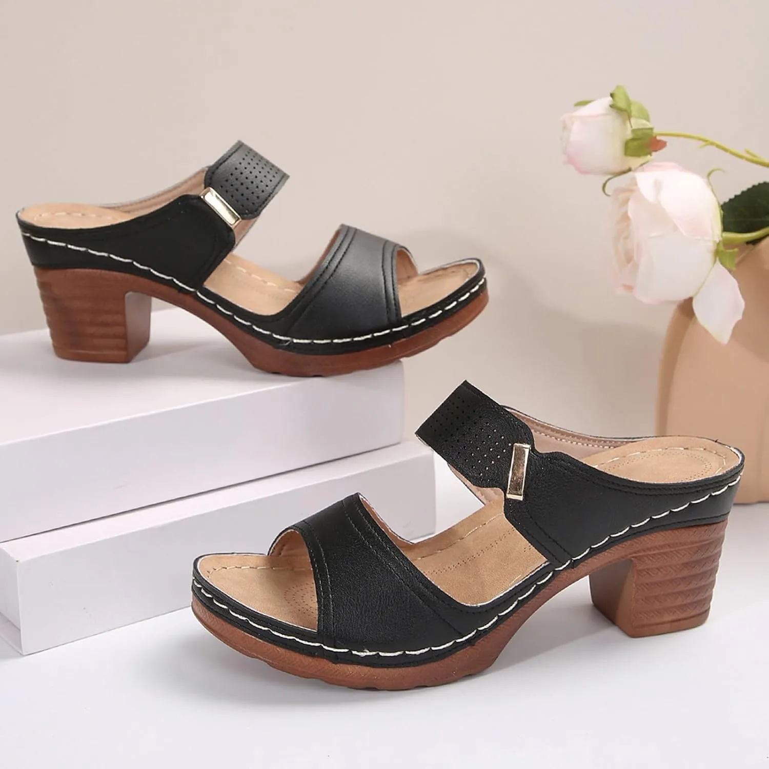 Sandal Heels For Women,Open Toe Platform Slip-on Chunky Sandals For Women Comfortable Walking Casual Dressy Outdoor Summer Shoes