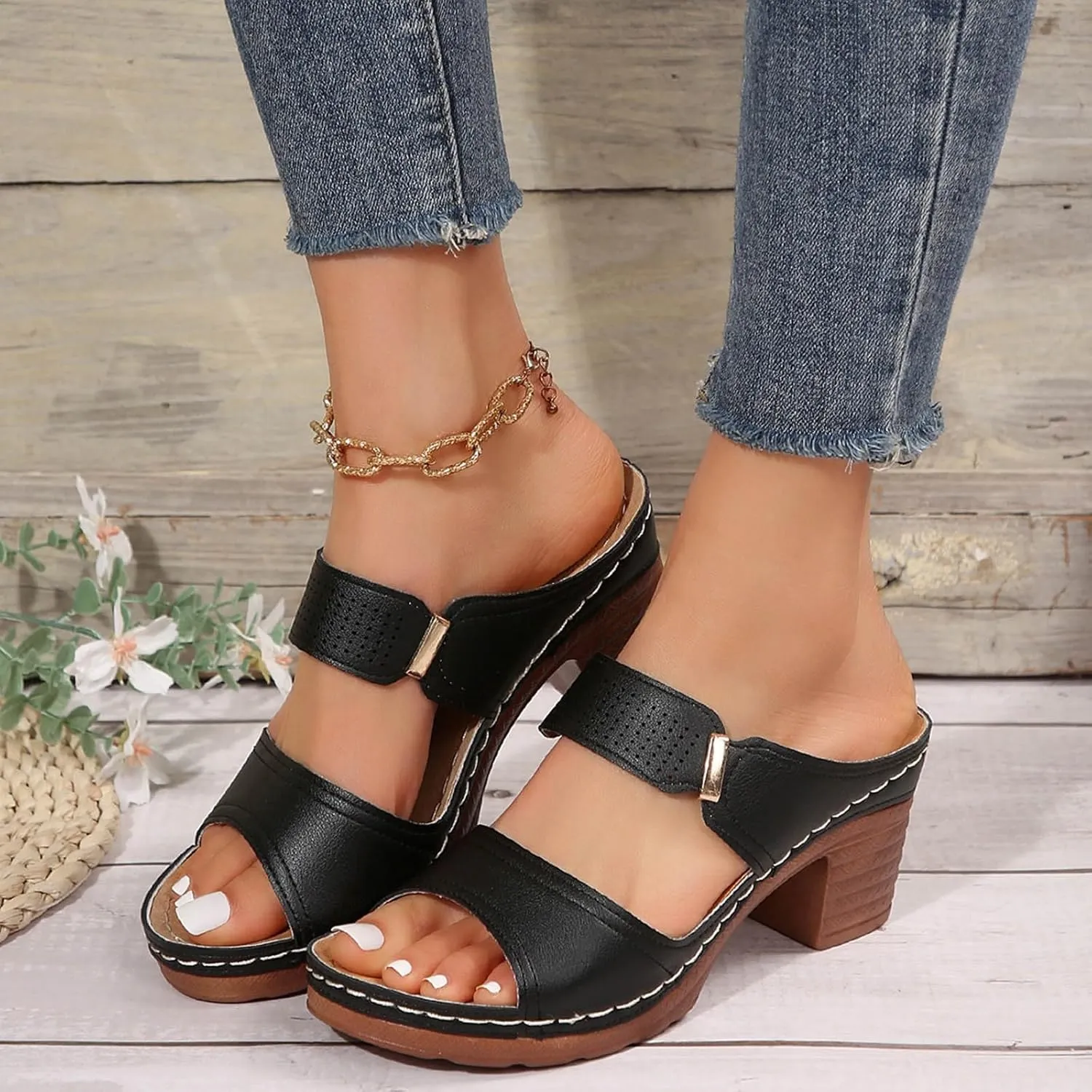 Sandal Heels For Women,Open Toe Platform Slip-on Chunky Sandals For Women Comfortable Walking Casual Dressy Outdoor Summer Shoes