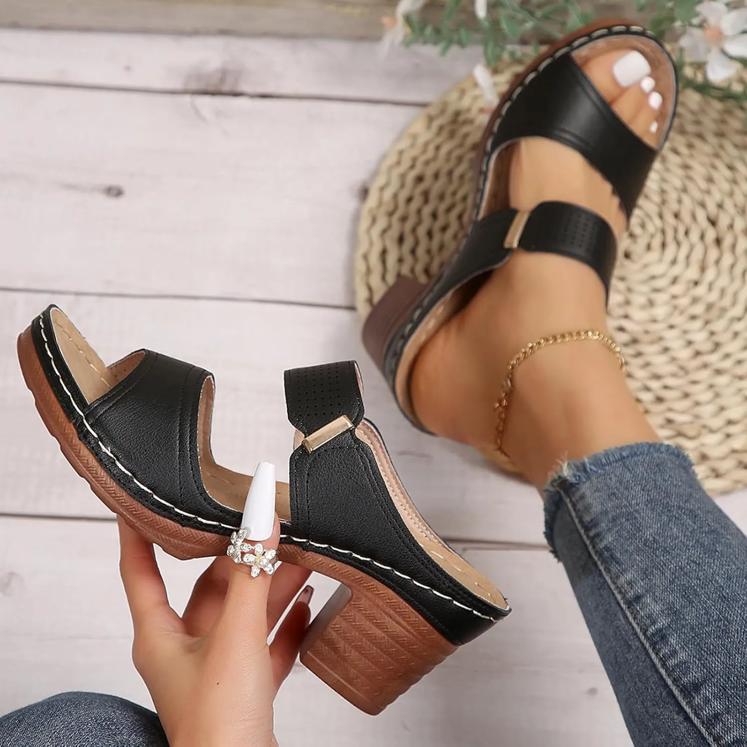 Sandal Heels For Women,Open Toe Platform Slip-on Chunky Sandals For Women Comfortable Walking Casual Dressy Outdoor Summer Shoes