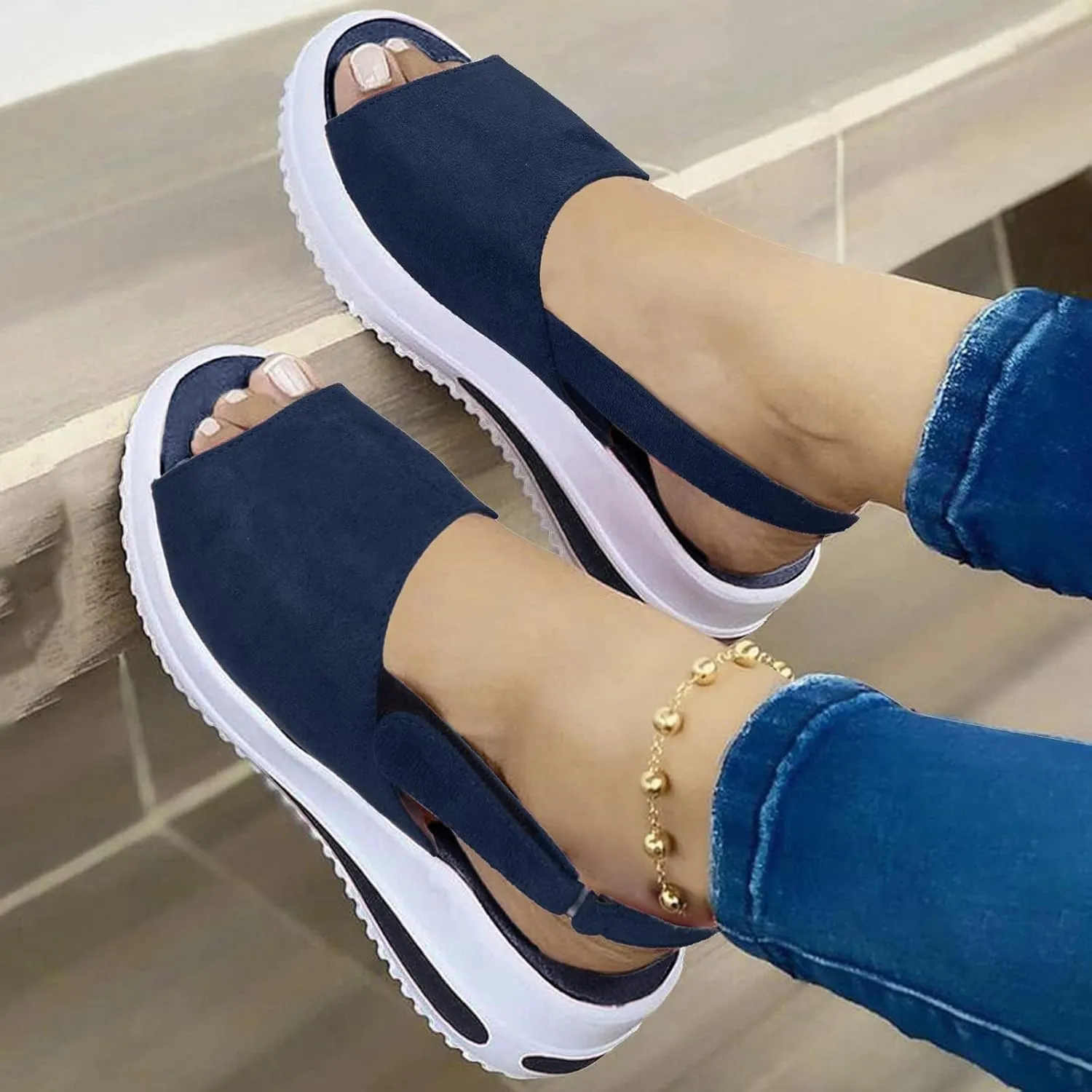 Sandals for Women 2025 Dressy Summer Casual Slip on Ankle Strap Buckle Crystal Platform Wedges Flat Buckle up Walking Shoes