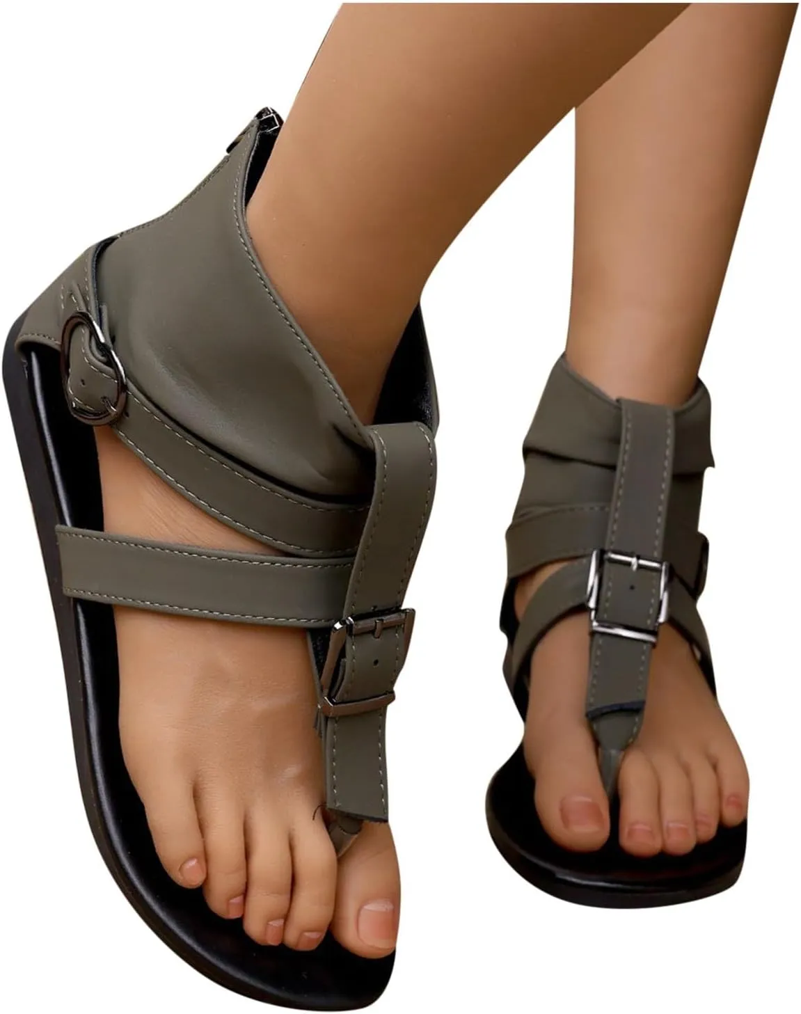 Sandals for Women Beach Ankle Boots Flip-Flops Adjustable Buckle T-Strap Open Toe Zipper Back Slides Trendy Walking