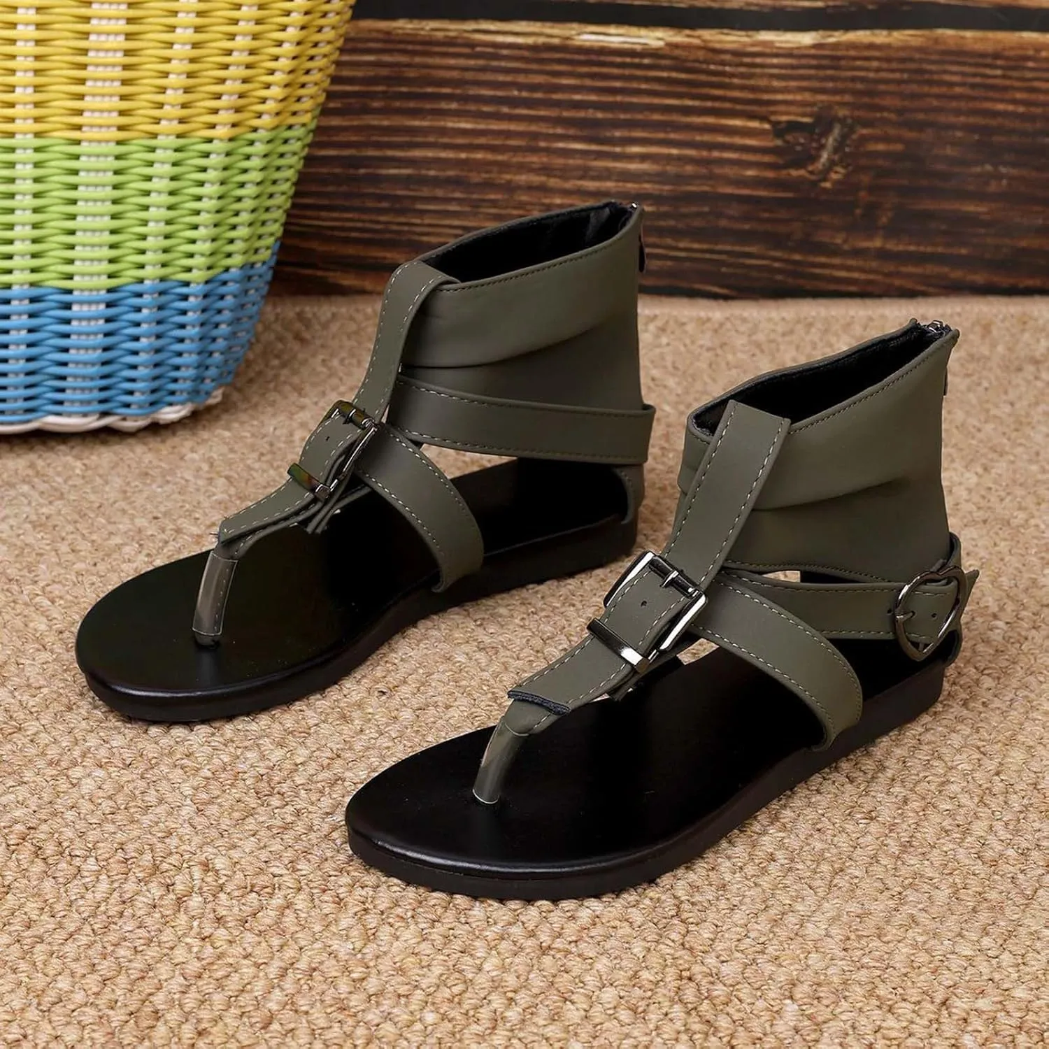 Sandals for Women Beach Ankle Boots Flip-Flops Adjustable Buckle T-Strap Open Toe Zipper Back Slides Trendy Walking