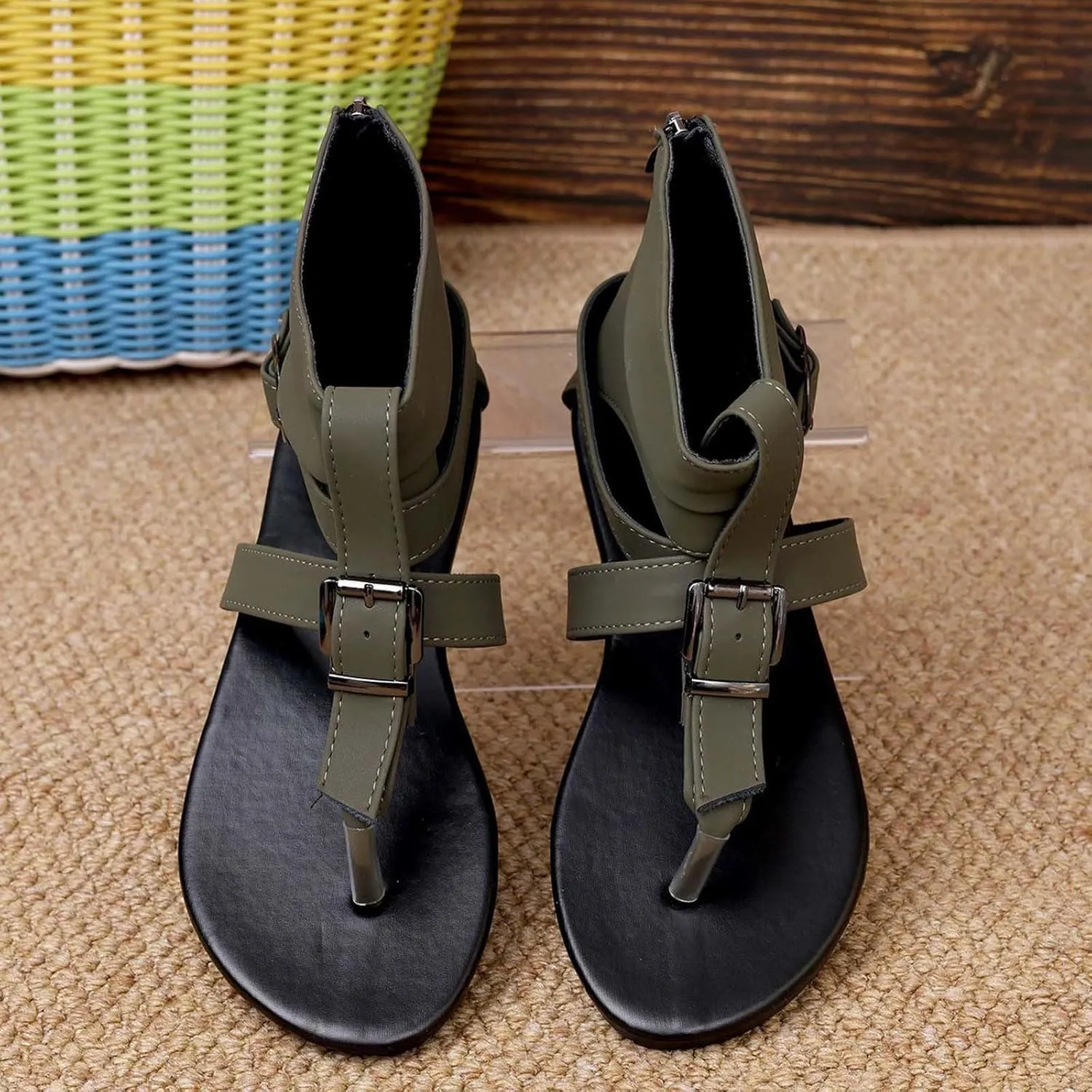 Sandals for Women Beach Ankle Boots Flip-Flops Adjustable Buckle T-Strap Open Toe Zipper Back Slides Trendy Walking