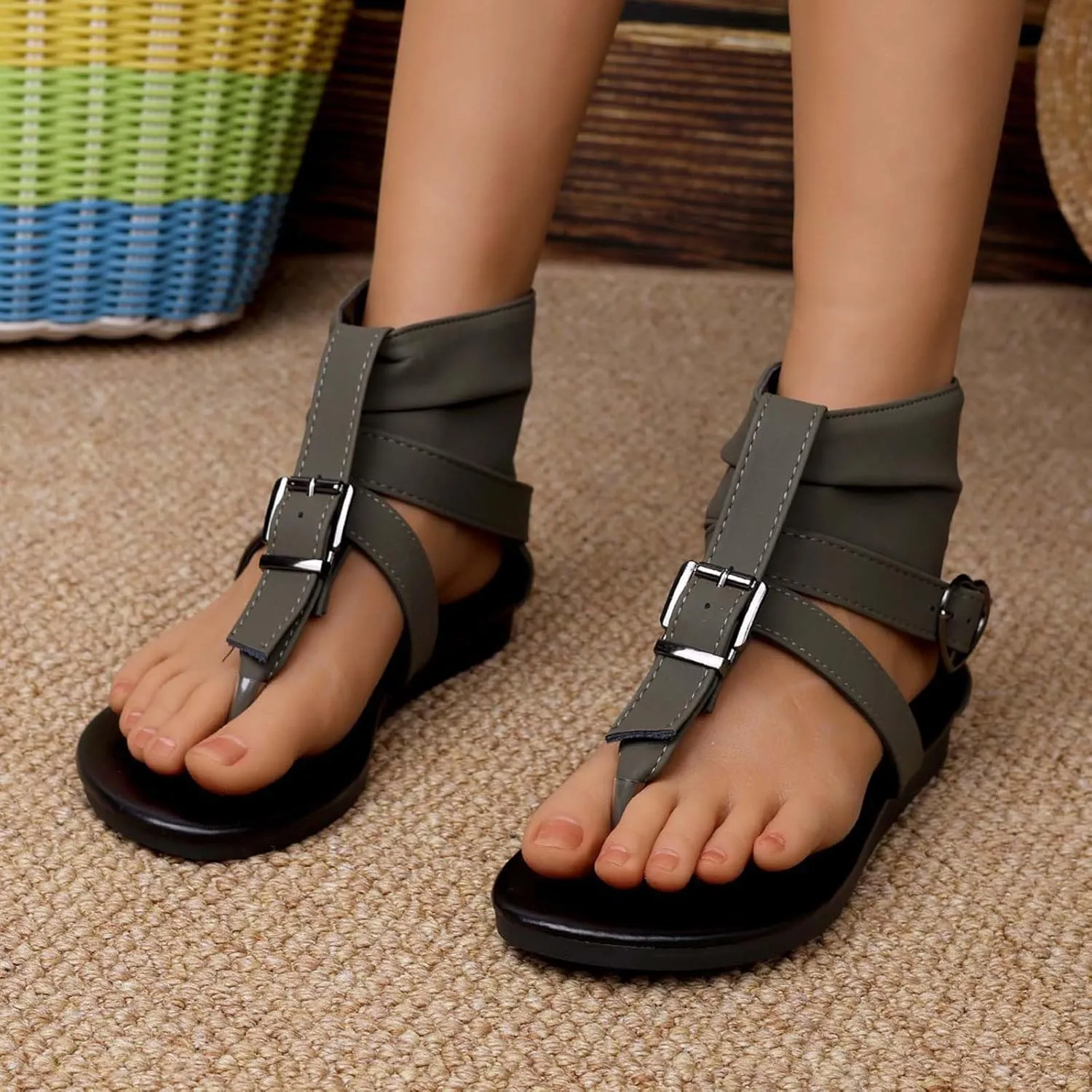 Sandals for Women Beach Ankle Boots Flip-Flops Adjustable Buckle T-Strap Open Toe Zipper Back Slides Trendy Walking