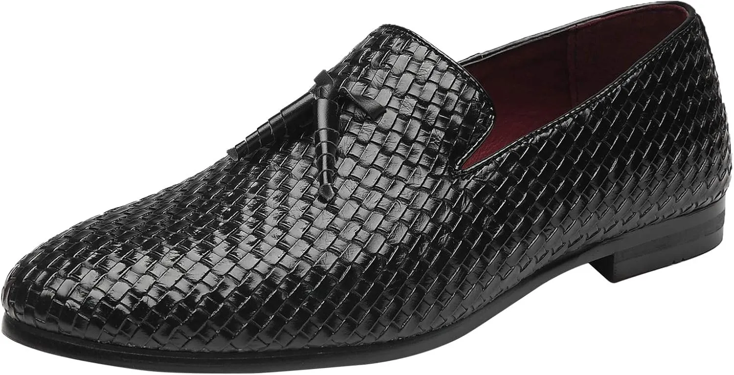 Santimon Loafers Men Fashion Weave Dress Driving Flats Fringe Slip on Penny Loafer Casual Shoes Black Blue Grey