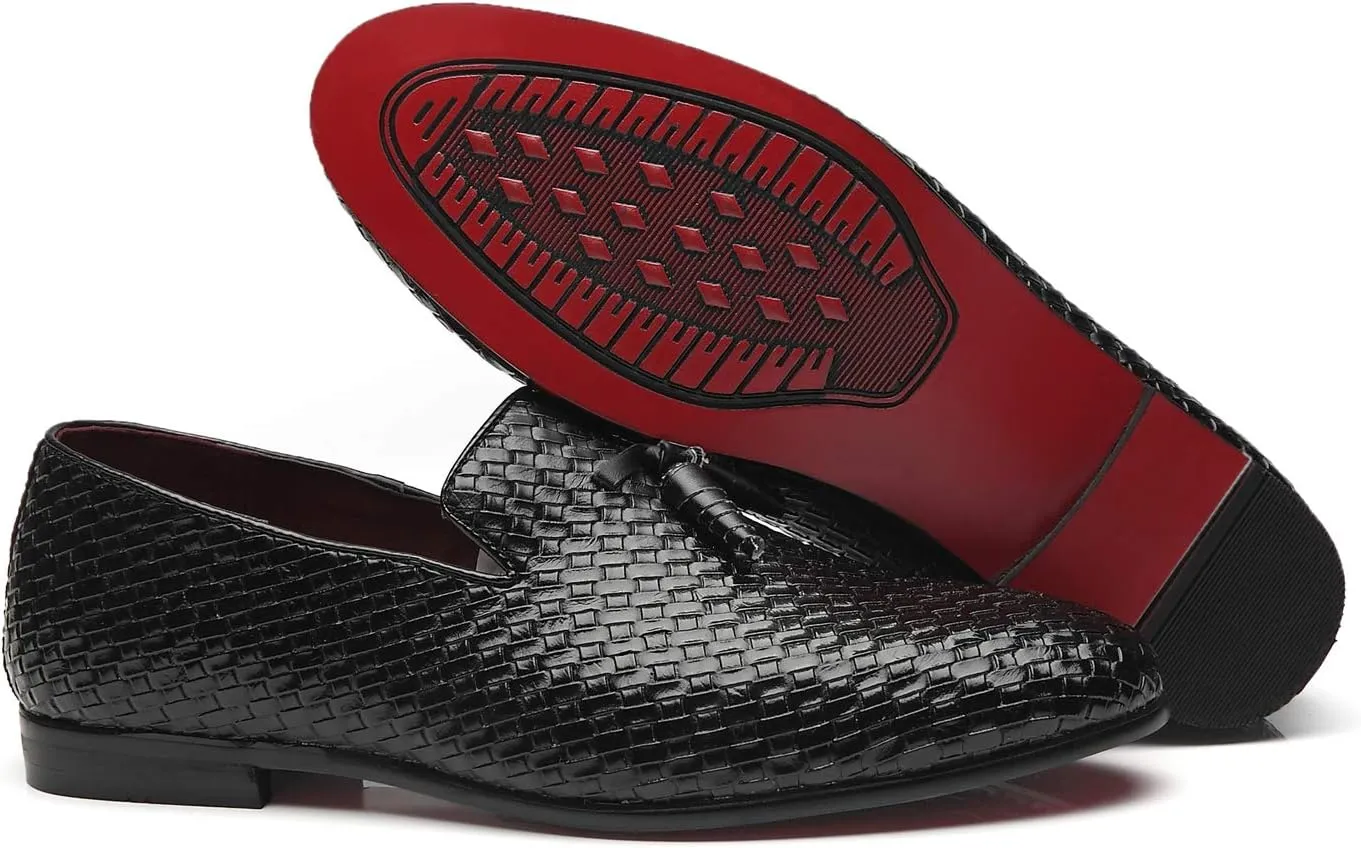 Santimon Loafers Men Fashion Weave Dress Driving Flats Fringe Slip on Penny Loafer Casual Shoes Black Blue Grey