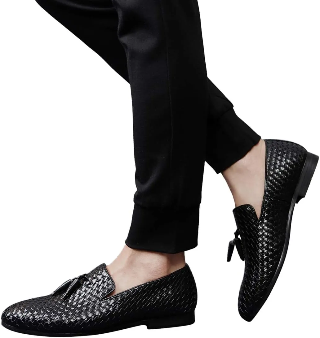 Santimon Loafers Men Fashion Weave Dress Driving Flats Fringe Slip on Penny Loafer Casual Shoes Black Blue Grey
