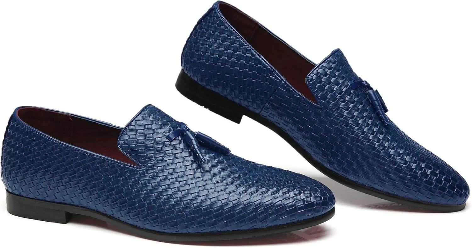 Santimon Loafers Men Fashion Weave Dress Driving Flats Fringe Slip on Penny Loafer Casual Shoes Black Blue Grey