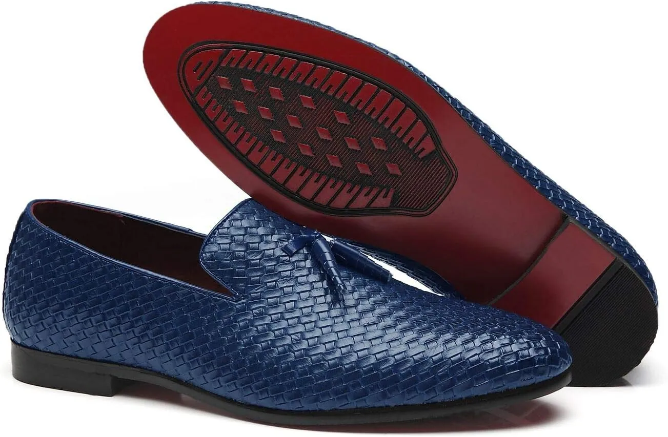 Santimon Loafers Men Fashion Weave Dress Driving Flats Fringe Slip on Penny Loafer Casual Shoes Black Blue Grey