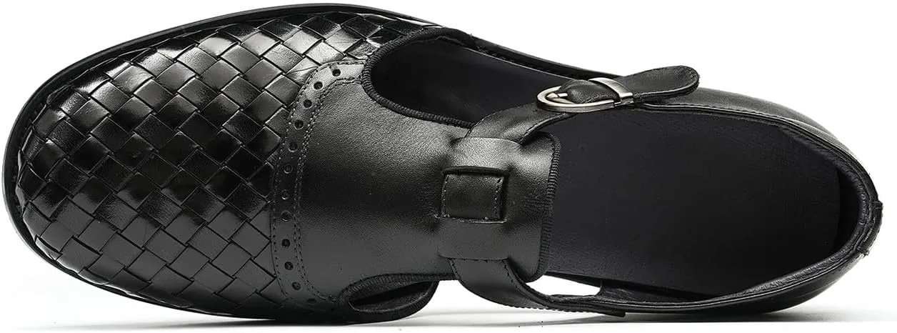 Santimon Men’s Genuine Leather Woven Sandals | Closed-Toe Business Casual Shoes, Fashionable Outdoor Sandals, Comfortable Summer Loafers for Men