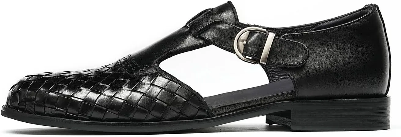 Santimon Men’s Genuine Leather Woven Sandals | Closed-Toe Business Casual Shoes, Fashionable Outdoor Sandals, Comfortable Summer Loafers for Men