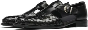 Santimon Men’s Genuine Leather Woven Sandals | Closed-Toe Business Casual Shoes, Fashionable Outdoor Sandals, Comfortable Summer Loafers for Men