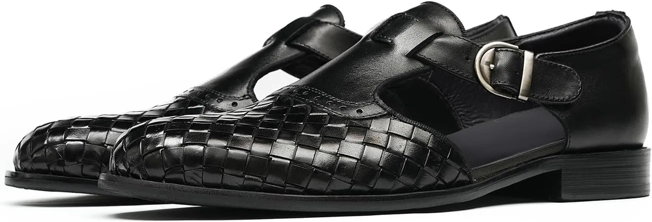 Santimon Men’s Genuine Leather Woven Sandals | Closed-Toe Business Casual Shoes, Fashionable Outdoor Sandals, Comfortable Summer Loafers for Men