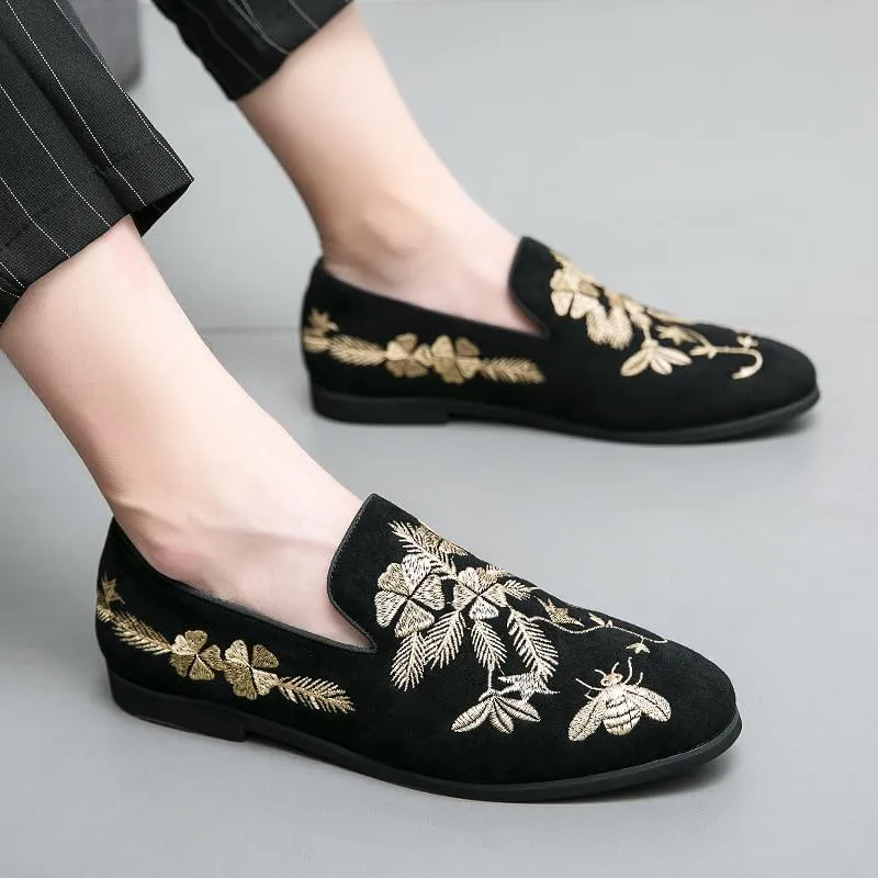 Santimon Men's Suede Leather Loafers with Gold Embroidered Floral Bee Pattern Dress Slip-On Wedding Shoes