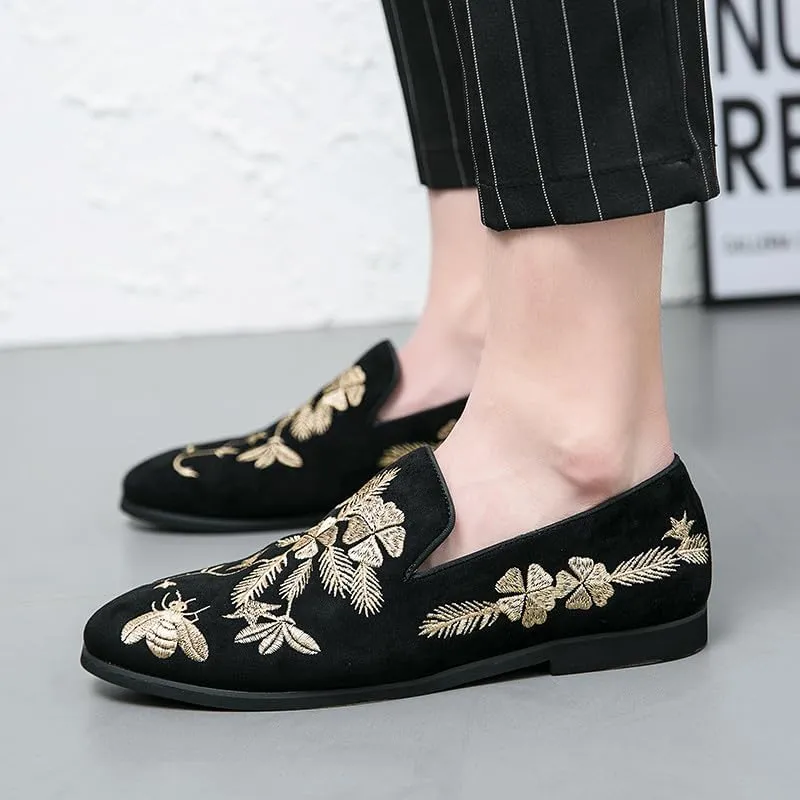 Santimon Men's Suede Leather Loafers with Gold Embroidered Floral Bee Pattern Dress Slip-On Wedding Shoes