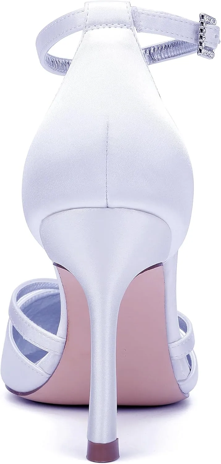 Satin Ankle Strap Stiletto Heels Wedding Sandals Open Toe Heels for Bride Women Dress Pointed Toe Shoes