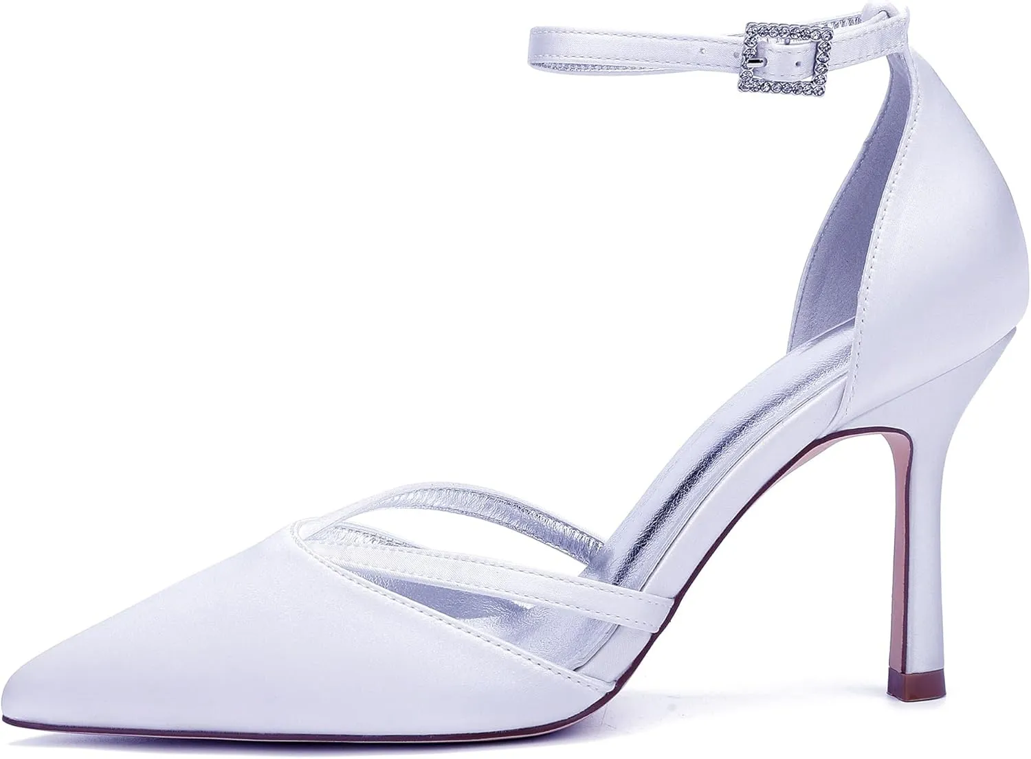 Satin Ankle Strap Stiletto Heels Wedding Sandals Open Toe Heels for Bride Women Dress Pointed Toe Shoes