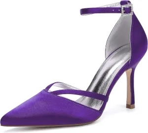 Satin Ankle Strap Stiletto Heels Wedding Sandals Open Toe Heels for Bride Women Dress Pointed Toe Shoes