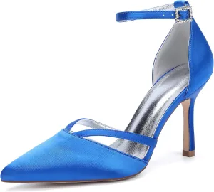 Satin Ankle Strap Stiletto Heels Wedding Sandals Open Toe Heels for Bride Women Dress Pointed Toe Shoes