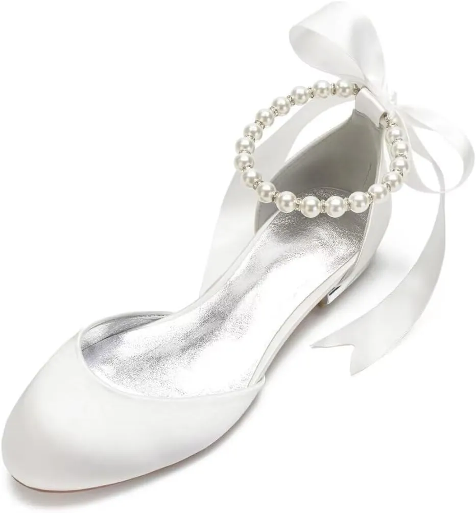 Satin Flats Wedding Shoes Closed Toe Women Pearl Sandals Ankle Strap Bride for Classic Wedding & Party Dress Shoes