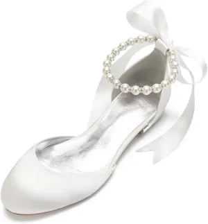 Satin Flats Wedding Shoes Closed Toe Women Pearl Sandals Ankle Strap Bride for Classic Wedding & Party Dress Shoes