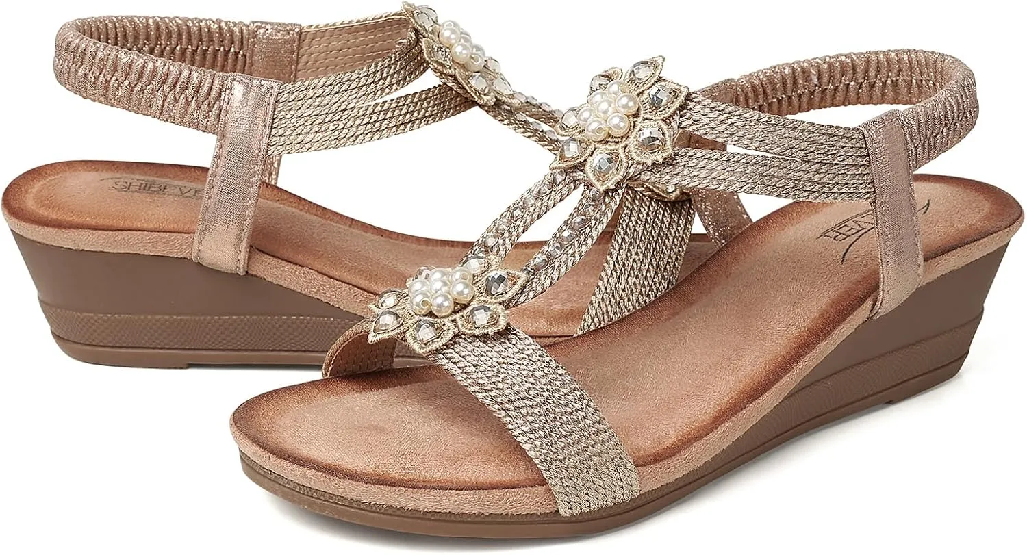 SHIBEVER Womens Wedge Sandals Flower Low Heel Dressy Sandals Elastic Ankle Strap Rhinestone Summer Comfortable Shoe