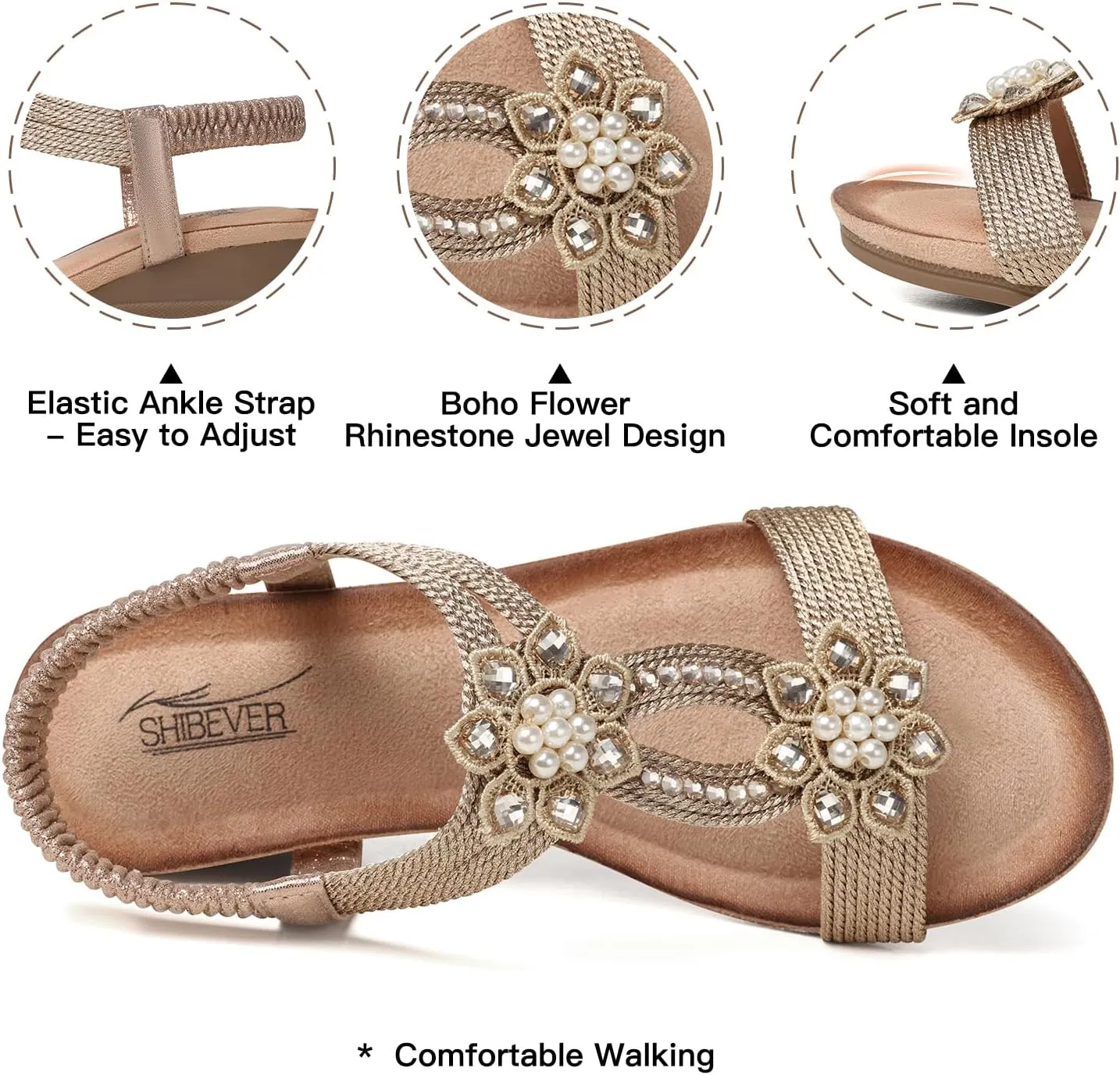 SHIBEVER Womens Wedge Sandals Flower Low Heel Dressy Sandals Elastic Ankle Strap Rhinestone Summer Comfortable Shoe