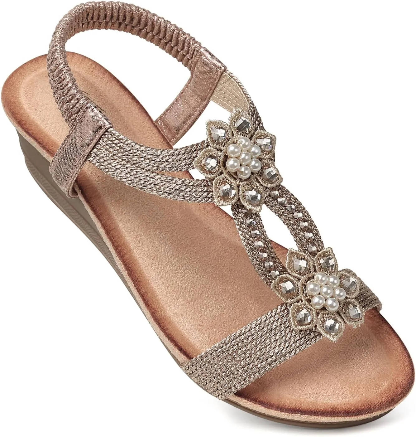 SHIBEVER Womens Wedge Sandals Flower Low Heel Dressy Sandals Elastic Ankle Strap Rhinestone Summer Comfortable Shoe