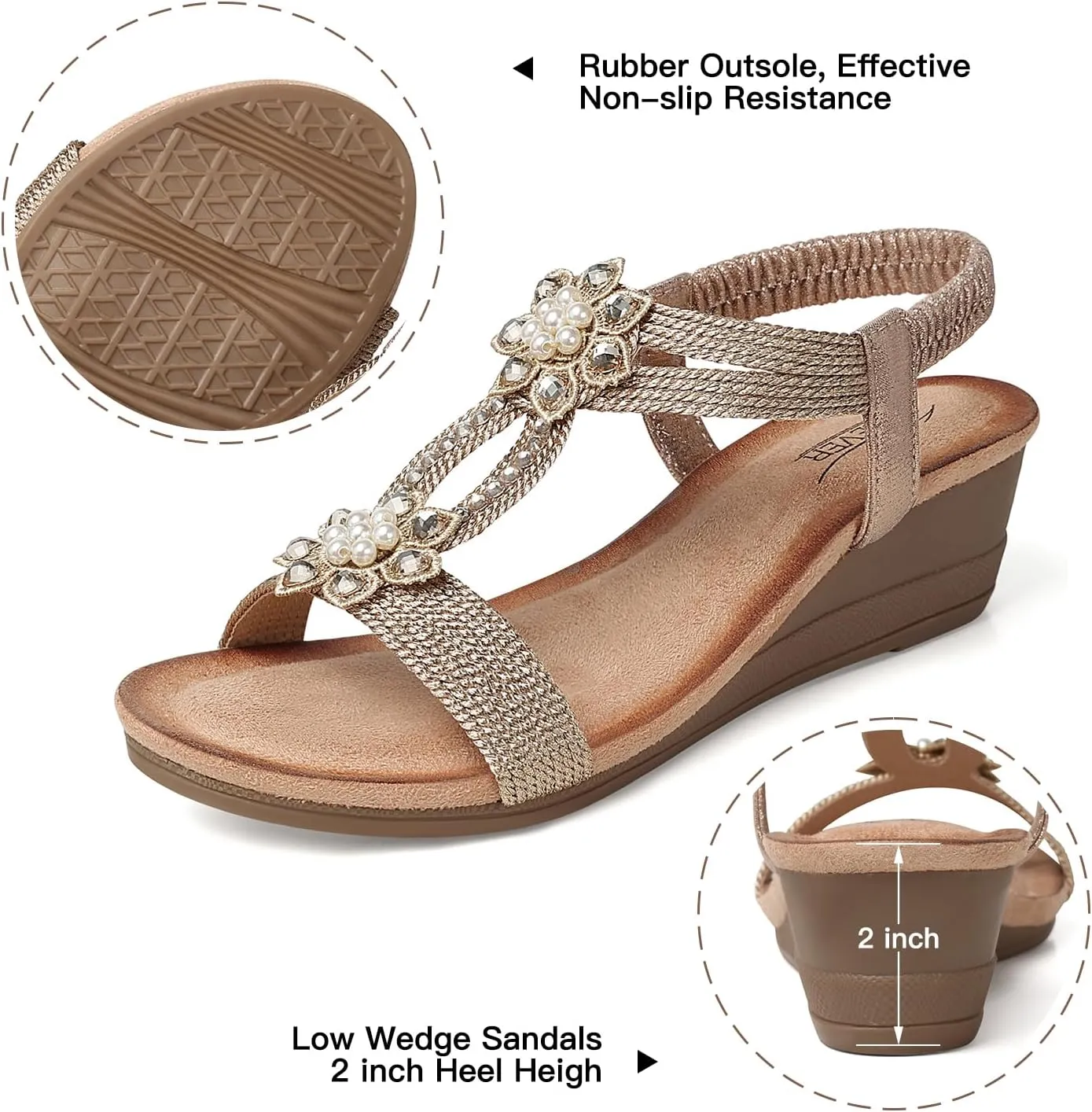 SHIBEVER Womens Wedge Sandals Flower Low Heel Dressy Sandals Elastic Ankle Strap Rhinestone Summer Comfortable Shoe