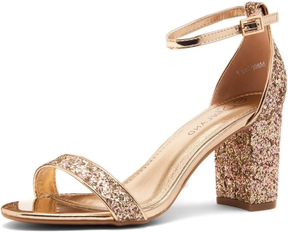 Shoe Land Madeline Women's Low Heels Open Toe Dress Heels with Ankle Strap-Chunky Heeled Sandals, Block Short Heels Pumps Shoes for Wedding Prom and Office