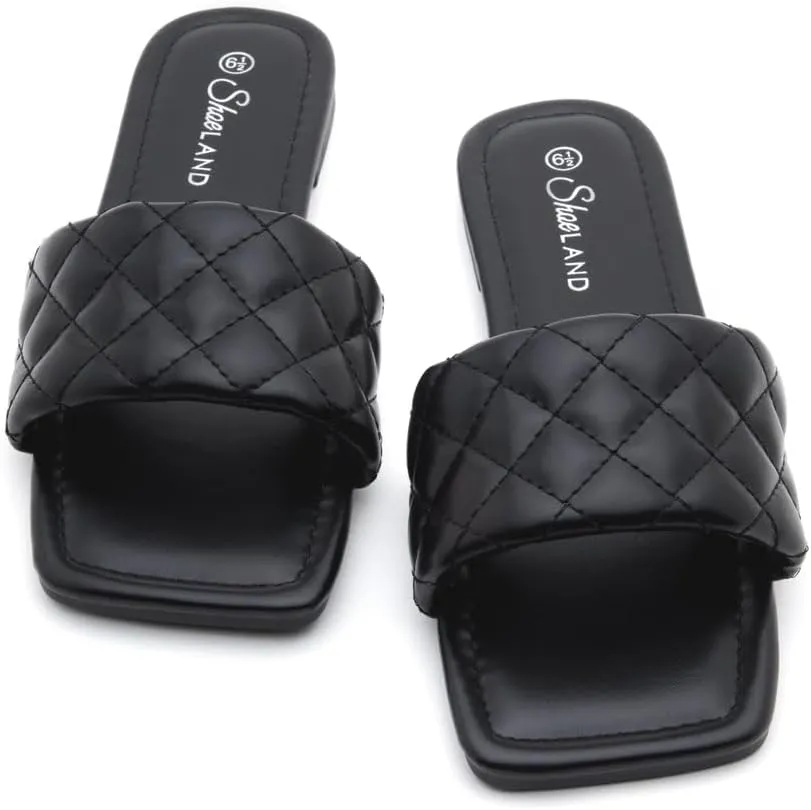 Shoe Land Women’s Flat Sandals – Quilted One-Band Fashion Slides with Square Open Toe & Comfort Footbed | Dressy Casual Slip-On Sandals for Summer, Travel & Daily Wear