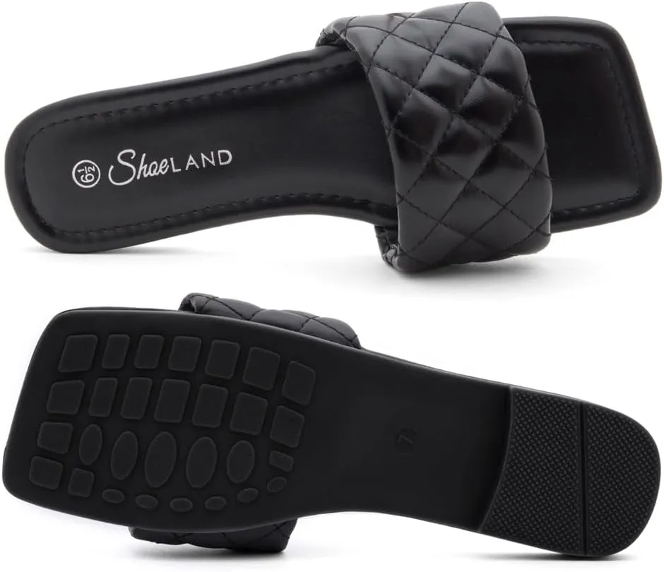 Shoe Land Women’s Flat Sandals – Quilted One-Band Fashion Slides with Square Open Toe & Comfort Footbed | Dressy Casual Slip-On Sandals for Summer, Travel & Daily Wear