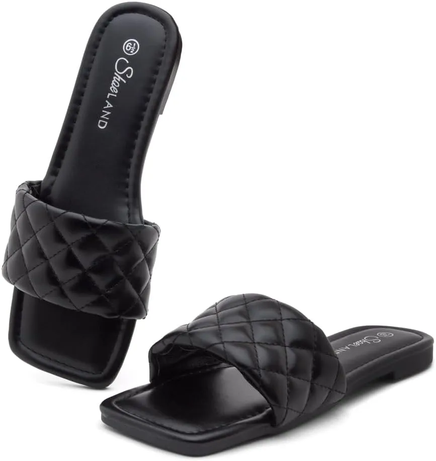 Shoe Land Women’s Flat Sandals – Quilted One-Band Fashion Slides with Square Open Toe & Comfort Footbed | Dressy Casual Slip-On Sandals for Summer, Travel & Daily Wear