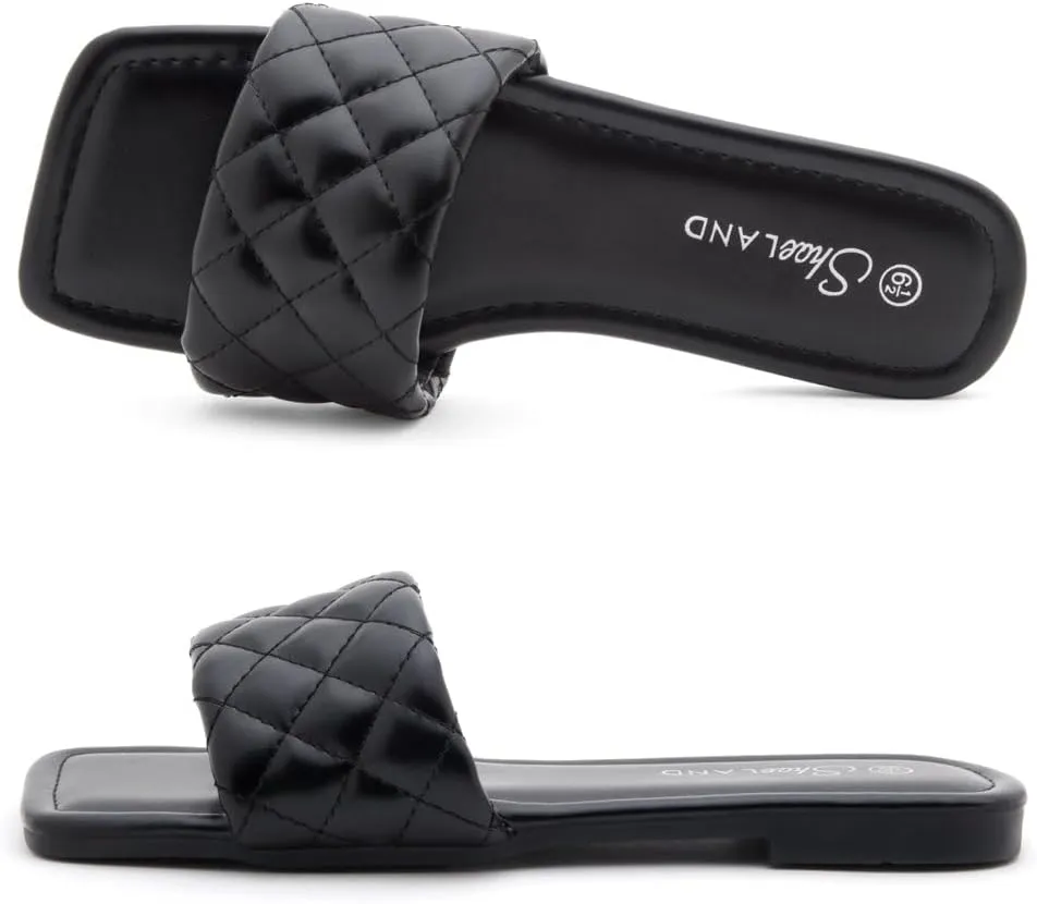 Shoe Land Women’s Flat Sandals – Quilted One-Band Fashion Slides with Square Open Toe & Comfort Footbed | Dressy Casual Slip-On Sandals for Summer, Travel & Daily Wear