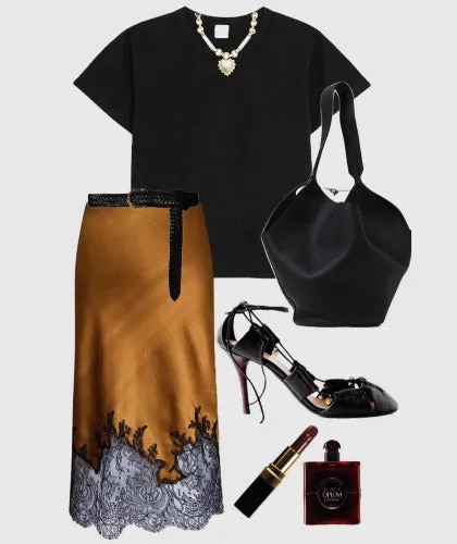 Silk skirt trimmed with Chantilly lace