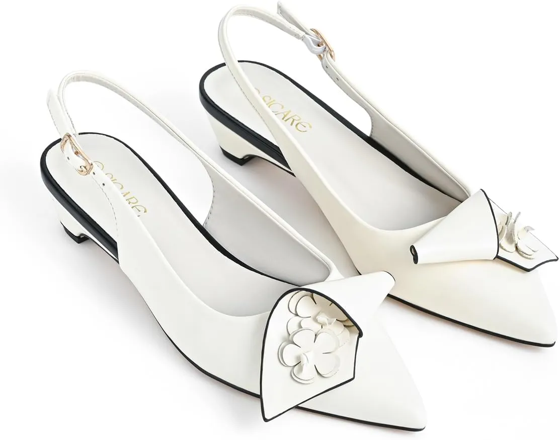 Slingback Heels Pumps for Women Closed Pointed Toe Low Chunky Heels Flowers Block Heel Dress Shoes Comfortable Ankle Strap Heeled Sandals