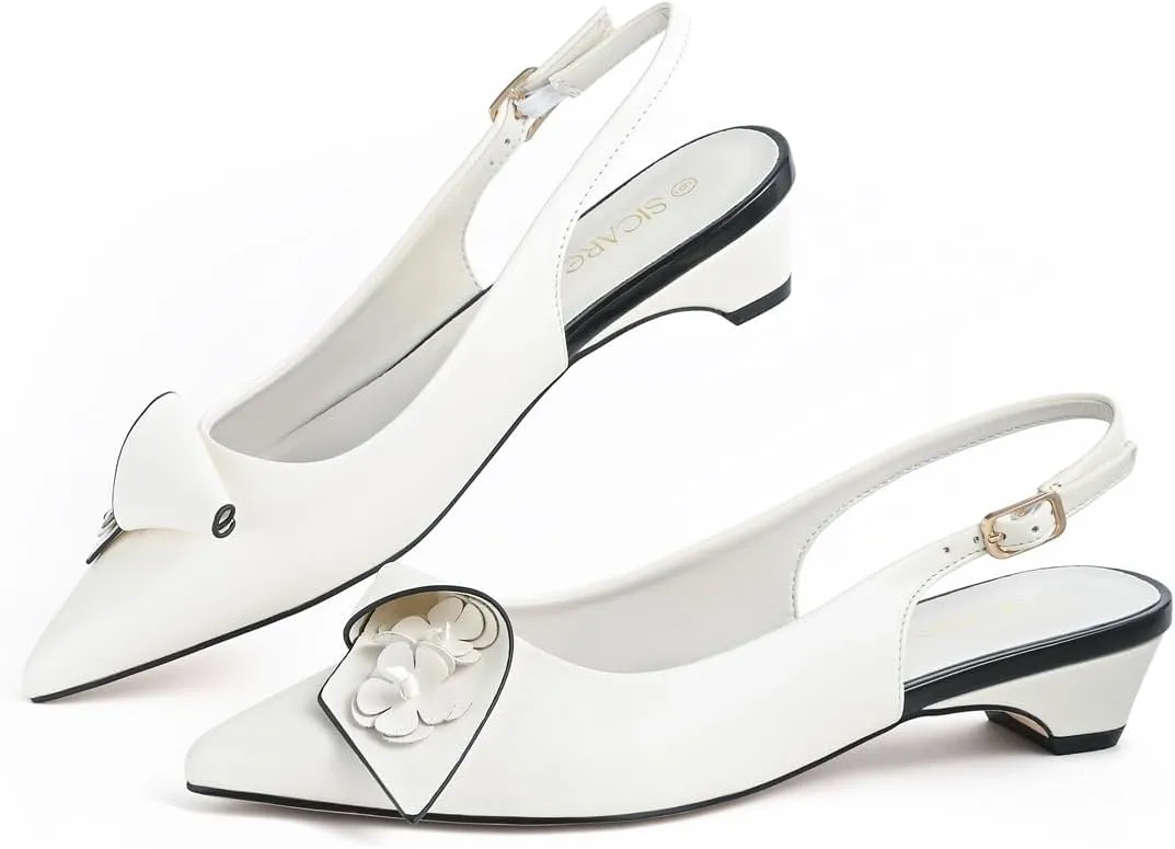 Slingback Heels Pumps for Women Closed Pointed Toe Low Chunky Heels Flowers Block Heel Dress Shoes Comfortable Ankle Strap Heeled Sandals