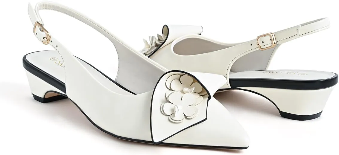 Slingback Heels Pumps for Women Closed Pointed Toe Low Chunky Heels Flowers Block Heel Dress Shoes Comfortable Ankle Strap Heeled Sandals