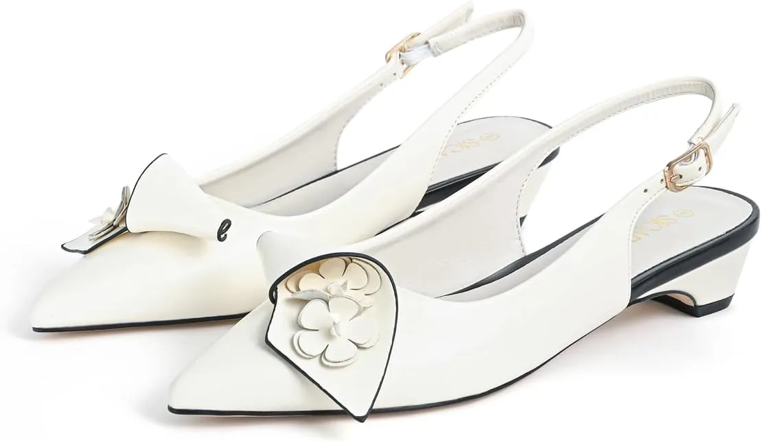 Slingback Heels Pumps for Women Closed Pointed Toe Low Chunky Heels Flowers Block Heel Dress Shoes Comfortable Ankle Strap Heeled Sandals