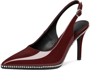 Slingback Heels Women Stilettos High Heel Rhinestones Beaded Pumps Closed Pointd Toe Shoes Slip On Event Party 3.5 Inch Dressy Sandals