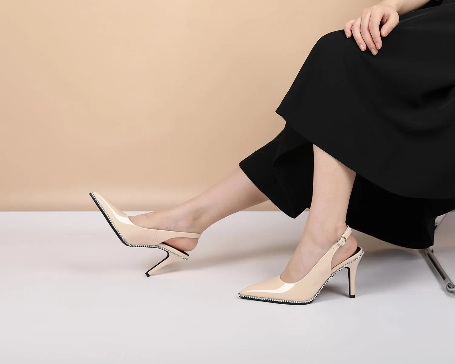 Slingback Heels Women Stilettos High Heel Rhinestones Beaded Pumps Closed Pointd Toe Shoes Slip On Event Party 3.5 Inch Dressy Sandals