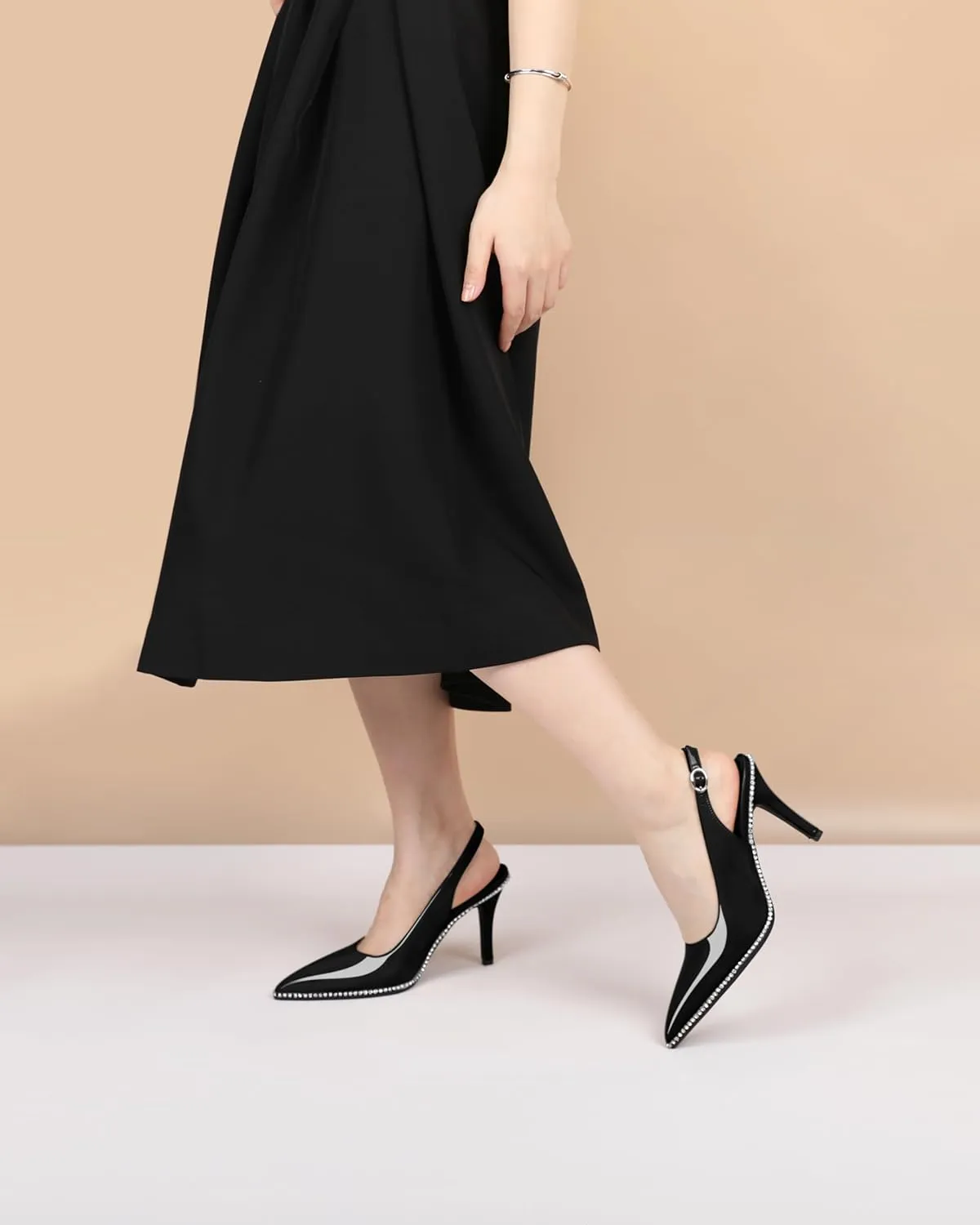 Slingback Heels Women Stilettos High Heel Rhinestones Beaded Pumps Closed Pointd Toe Shoes Slip On Event Party 3.5 Inch Dressy Sandals